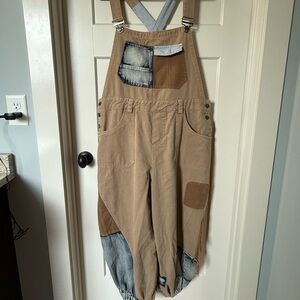 Blue velvet oversized overalls